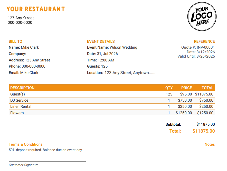Event quote form from Menu Optics that customer can customize Event quote form from Menu Optics that customer can customize